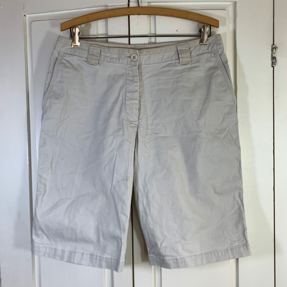 LL Bean Women 12 Reg Stone Beige Chino Shorts Cotton Stretch Casual 0 FXD9 READ